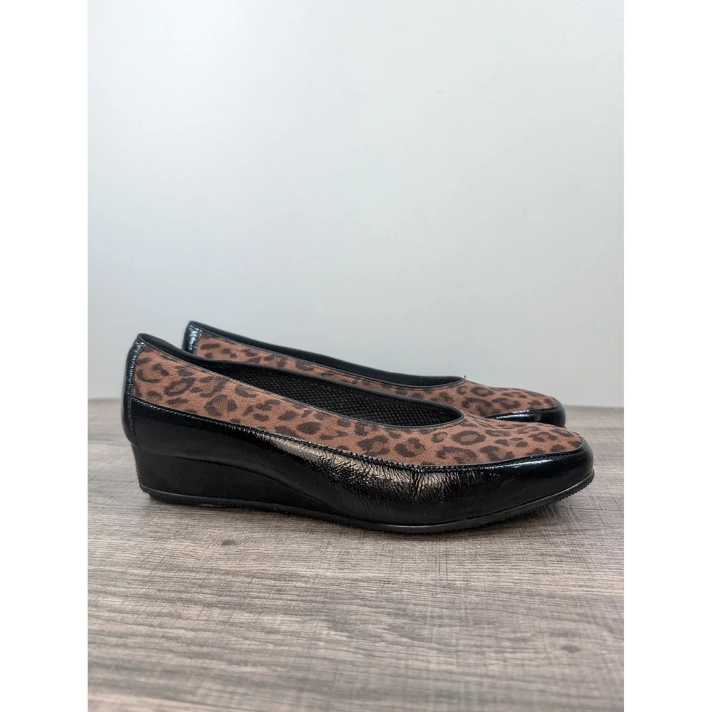 Ara Wedge‎ Shoes Women Leopard Print Patent Black Round Toe Comfort Size 7.5